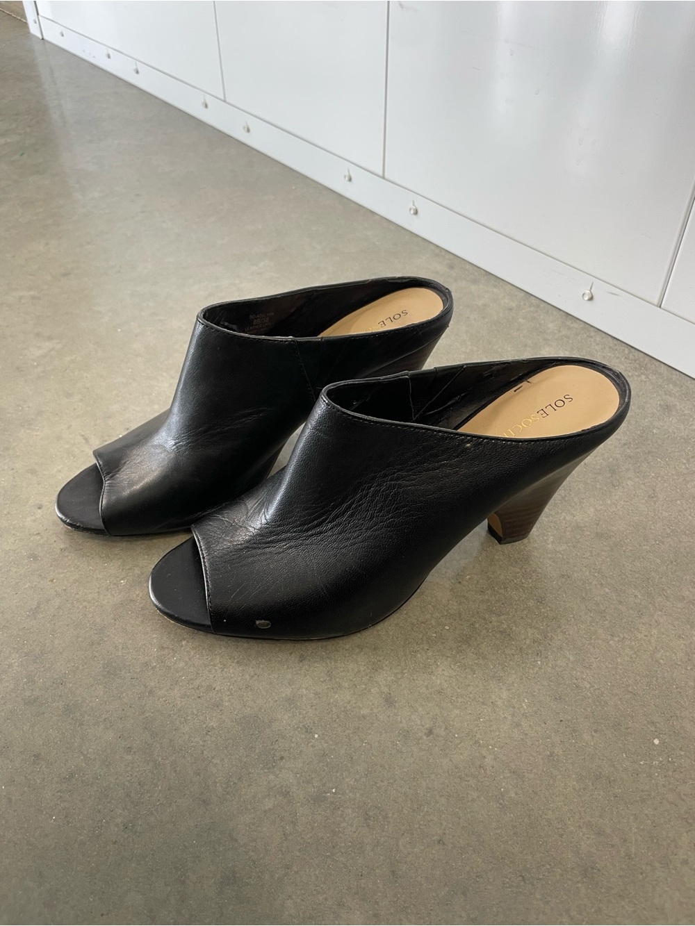 Sole Society Black Leather Open-Toe Mule Heels